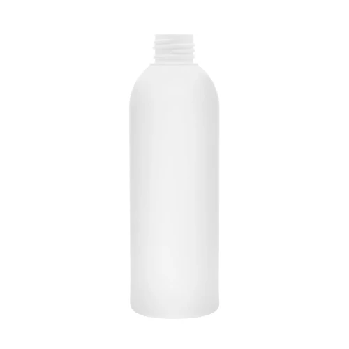 White 250 ml plastic bottle; chemically resistant and safe for contact with various substances; suitable for labeling and branding; ideal for shampoos, lotions, conditioners, and balms; 250 ml HDPE, 24/410 neck size.