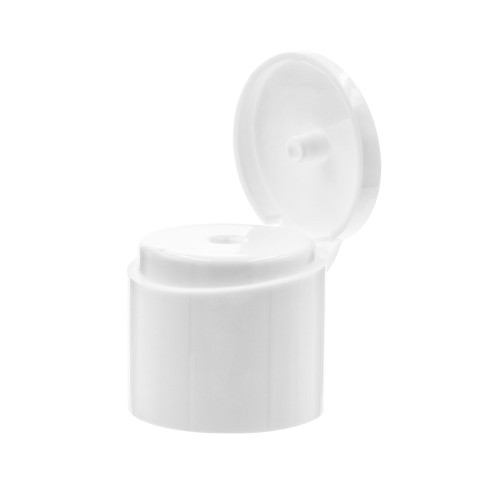 Flip-top closure, white, aesthetic design, quick and convenient to use, made of plastic; suitable for shampoos, shower gels, skincare products, and household chemicals; 24/410 thread, FTWH 24/410.
