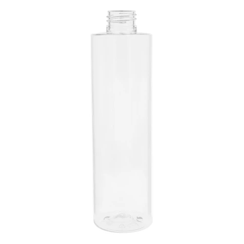 Clear 250 ml plastic bottle, cylindrical shape, comfortable grip, lightweight, durable; suitable for household chemicals, food service, cleaning products, and cosmetics; 250 ml PET 24/410.