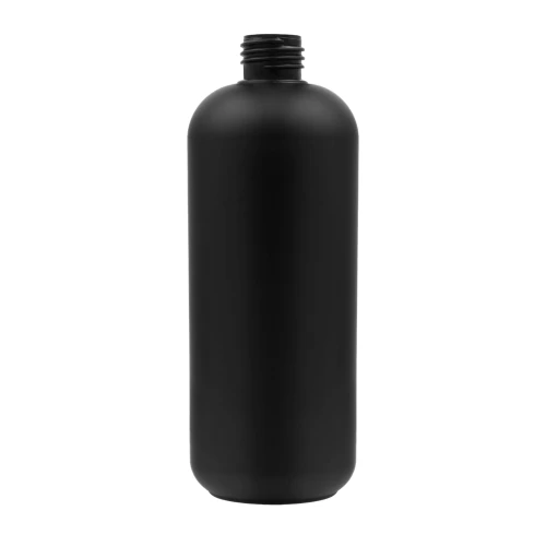 Black 500ml HDPE bottle—lightweight, durable, and chemically resistant; suitable for detailing products, cosmetics, shampoos, lotions, and liquid formulations; 24/410 thread (500 HDPEBL 24/410).