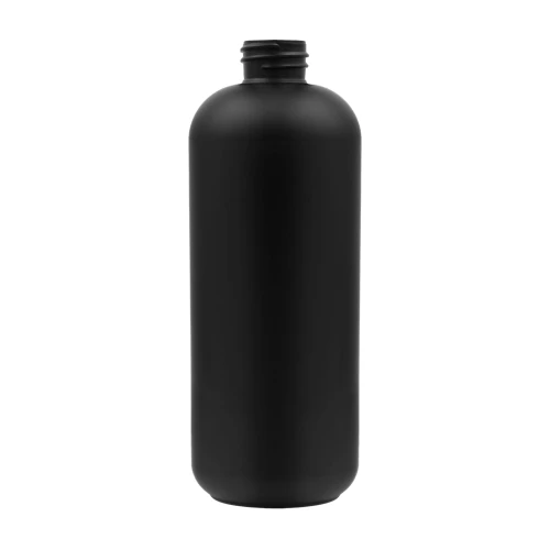 Black 500ml HDPE bottle—lightweight, durable, and chemically resistant; suitable for detailing products, cosmetics, shampoos, lotions, and liquid formulations; 28/410 thread (500 HDPEBL 28/410).