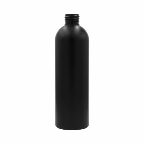 Black 500ml HDPE bottle—lightweight, durable, slim, and chemically resistant; suitable for detailing products, cosmetics, shampoos, lotions, and liquid formulations; 28/410 thread (500 HDPEBRBL 28/410).