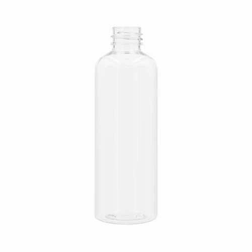 Clear 100ml PET bottle—lightweight, durable, chemically inert plastic—suitable for cosmetics and liquid products; 20/410 thread; 100PETBR 20/410.